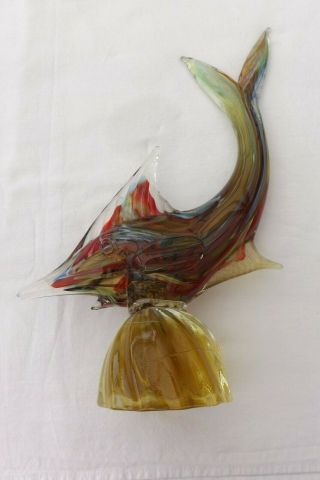 Vintage Italian Murano Glass Sculpture Of A Fish In Reds/blues Glass 34cms High