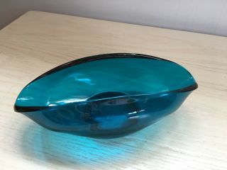 Collectable 1960s Sowerby Art Glass Boat Shape Glass Bowl - 7”long Petrol Blue - Vgc