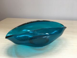 Collectable 1960s SOWERBY Art Glass Boat Shape Glass Bowl - 7”long Petrol Blue - Vgc 2