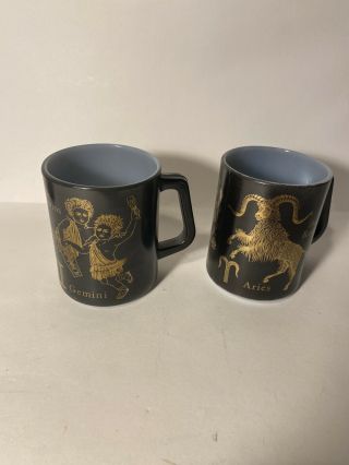 Vintage Federal Glass Aries Ram & Gemini Black Gold Coffee Mug Cups Zodiac