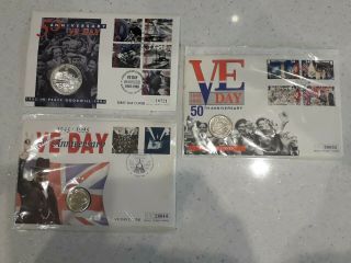 3 First Day Cover 1945 - 1995 - 50th Anniversary Ve Day With £2.  00 Coins