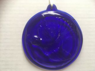 Cobalt Blue Pressed Glass Sun Catcher 4 1/4” Round Peace Dove Christmas Ornament