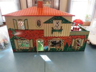 Vintage T.  Cohn Inc Tin Litho Dollhouse Renwal & Ideal Furniture Christmas Gift