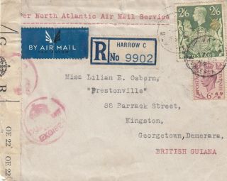 Gb Registered Wartime Cover,  Kgv1 2/6 & 6d Stamps Posted To British Guiana 1944