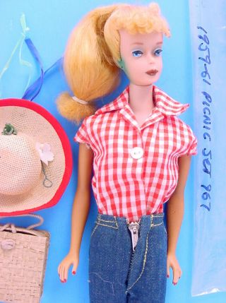 1961 Blonde Ponytail 5 Barbie Doll In Picnic Set Outfit 967
