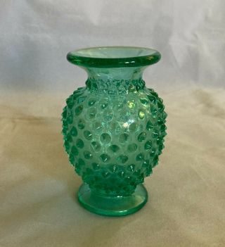 Lovely Vintage Fenton Green Hobnail Flat Rim Mini Vase 3 1/2 "
