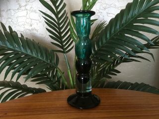 Vintage Hand Blown Glass Emerald Green And Clear Glass Candle Stick Holder