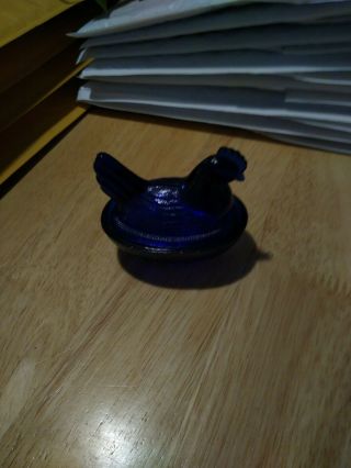 Vintage Small Cobalt Blue Glass Hen On Nest Chicken Covered Candy Dish