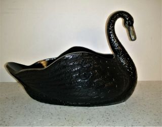Vintage L E Smith Black Glass Swan Candy Bowl Succulent Planter Figurine 9 "