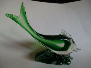 Vintage Italian Murano Art Glass 9.  5 " W Green/clear Glass Fish Sculpture 1970 