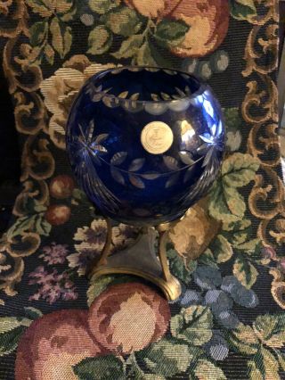 Cobalt Blue Romanian Cut Crystal Vase With Brass Stand