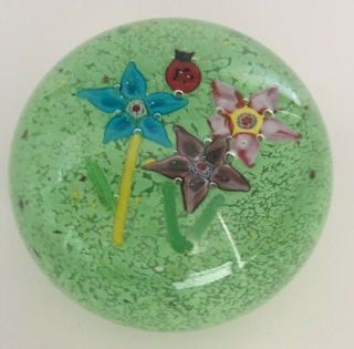 Vintage Studio Art Glass Paperweight With Cane Flowers And Ladybug 3.  25 "