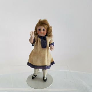 Antique Germany All Bisque Glass Eyes 3.  5 " Dollhouse Doll Jointed Orig.  Clothes