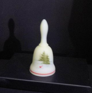 Fenton Custard Glass Mini Bell Hand Painted Cardinal Pine Trees Winter Signed