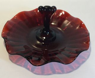 Ruby Red Glass Serving Tray W/center Handle Ruffle Rim Candy Nut Dish No Clips
