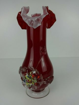Murano Art Glass Vase Vintage Red Freeform Top Floral Detailed Flower Display
