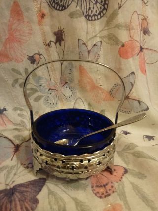 Vintage Cobalt Blue Glass & Metal,  Nut,  Candy,  Relish,  Dish With Handle & Spoon 72