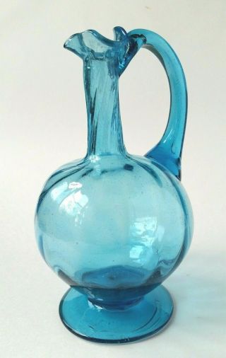 Vintage Blue Hand Blown Glass Twist Ruffled Edge Vase W/ Handle 8 " Applied