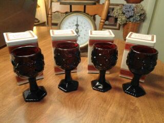 Avon Cape Cod Set Of 4 Vintage Ruby Red Glass Wine Goblets 4 5/8 " In Boxes