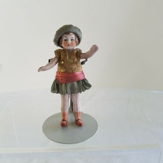 Antique All Bisque German Flapper Girl 3 " Clothes Hat Dollhouse Doll