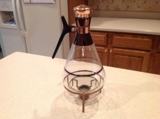 Vintage Mid Century Inland Glass Coffee Carafe 12 Cup With Copper Stand.