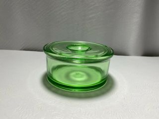 Hazel Atlas Green Depression Vaseline Glass Round Refrigerator Bowl Dish Lid