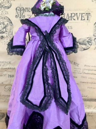 3 Piece Silk Dress French Fashion Antique Doll Bonnet Shawl Lace Rohmer Or Huret