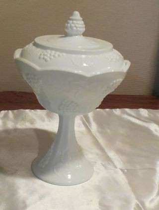 Vintage Indiana Harvest Grape Milk Glass Pedestal Candy Dish With Lid - Perfect