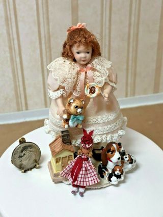 Dollhouse Miniature Vintage Artisan Girl Doll w/Sucker Surrounded by Toys 1:12 2