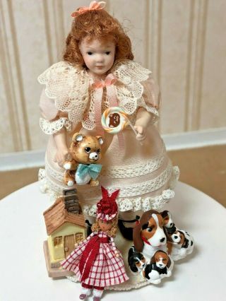 Dollhouse Miniature Vintage Artisan Girl Doll w/Sucker Surrounded by Toys 1:12 3