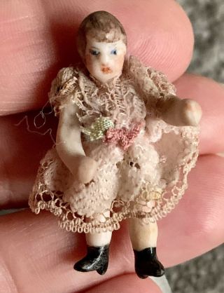 Antique Tiny Miniature Dollhouse Porcelain Doll Carl Horn 1.  25” Lace Dress Cute