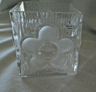 Sweden Sea Glasbruk Tea Light Votive Candle Holder Glass Square Cube Flower