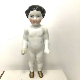 Antique Vintage Porcelain China Frozen Charlotte Doll 5 1/4 Inches Black Hair