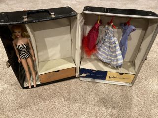 Vintage Barbie Ponytail Doll Blonde W/ Zebra Suit & 1961 Black Case,  Clothing