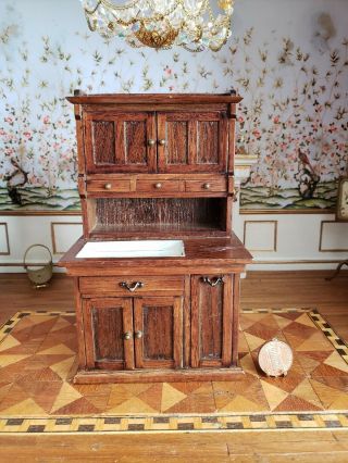 Dollhouse Reminiscence Walnut Kitchen Hoosier Cabinet W Dry Tin Sink 1:12