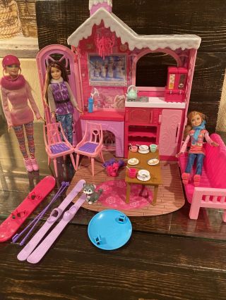 Barbie Doll Sisters Cozy Cabin Snow Winter Family Dollhouse Loaded 2014