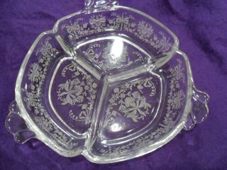 Elegant Heisey Glass " Orchid " Relish 3 Part Divided Serving Dish 3 Handled 1930s