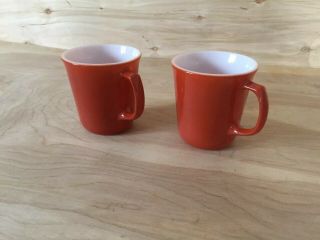 Set Of 2 Vintage Pyrex Red Orange Milk Glass Coffee Mugs
