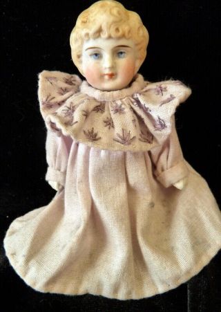 Antique 4.  5 " Child Girl German All Bisque Jointed Dollhouse Doll