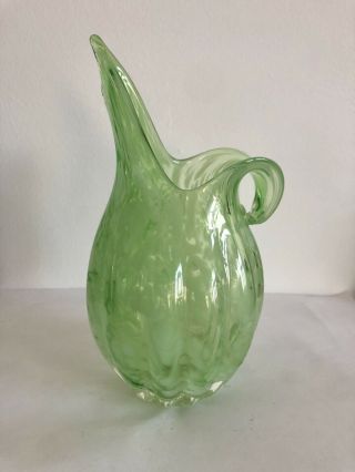 Vintage Lefton Japan Hand Blown Art Glass Vase Green Swirl With Sticker Euc