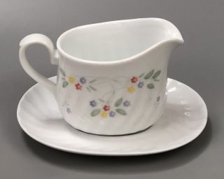 Corelle Corning English Meadow Gravy Boat And Underplate White W/ Flowers Aa