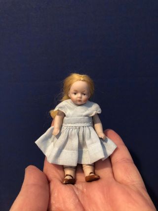 Tiny 3.  5” Vintage/antique German All Bisque Dollhouse Doll