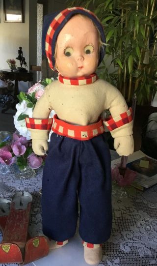 Antique Felt Lenci Doll With Mask Face Googly Eyes 22 - 23 " Old Skis