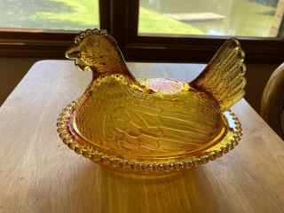 Vintage Carnival Gold Iridescent Indiana Glass Hen On Nest Large Usa