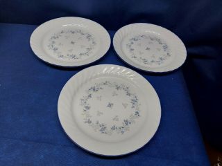Vintage Corelle " Blue Fleur " Set/3 Dinner Plates Swirled Rim/blue Flowers