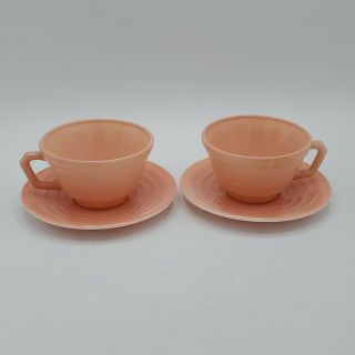 Set Of 2 Vintage Hazel Atlas Moderntone Platonite Pink Pastel Cups & Saucers