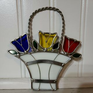 Vintage Stained Glass Sun Catcher Tulips Flowers In Basket Red Blue Yellow Green