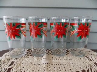 Set Of 4 Vintage Kig Clear Glass Christmas Tumblers With Red Poinsettia & Holly