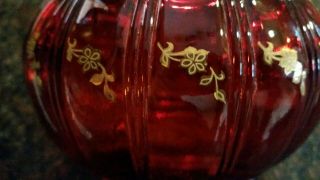 Vintage Ruby Red Art Glass Lily Bowl,  Gold Etched Design Exc.  Cond.  Pre - Owned