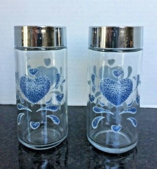 Corelle By Corning Blue Hearts Glassware Salt And Pepper Set W Lids 5 " Euc Htf